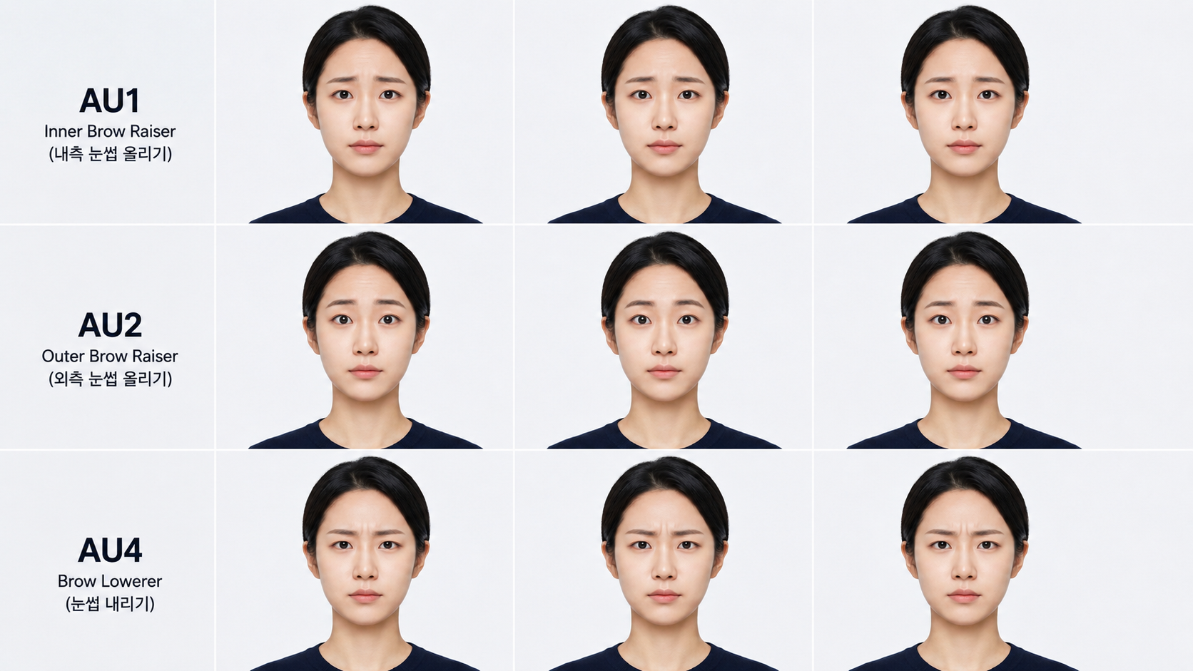 FACS 눈썹 그룹 AU 코드 강도별 비교 — AU1(내측 눈썹 올리기), AU2(외측 눈썹 올리기), AU4(눈썹 내리기) 각 3단계 적용 실사 레퍼런스 이미지